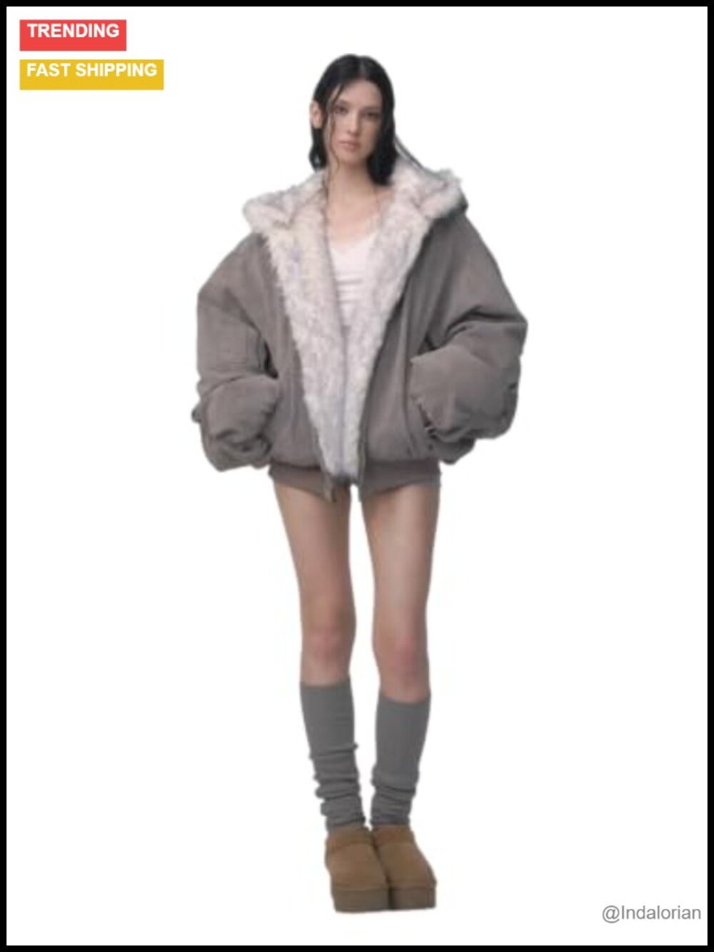 Faux Fur Hooded Zip Up Coat Oversized Y2K Streetwear